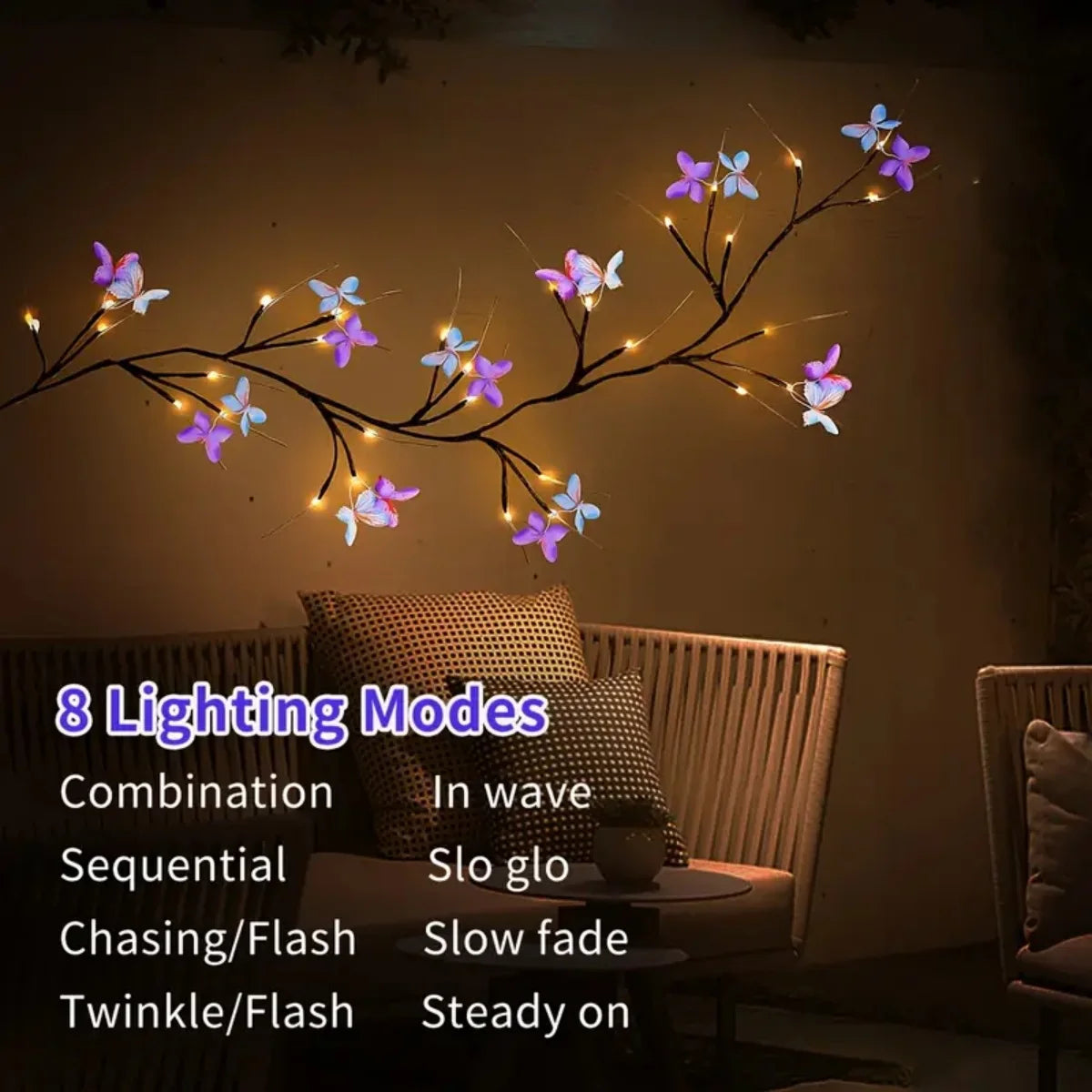 1pc 30LED Charming Willow Tree Lights with Butterfly USB Powered 8 Lighting Modes Indoor Outdoor Waterproof