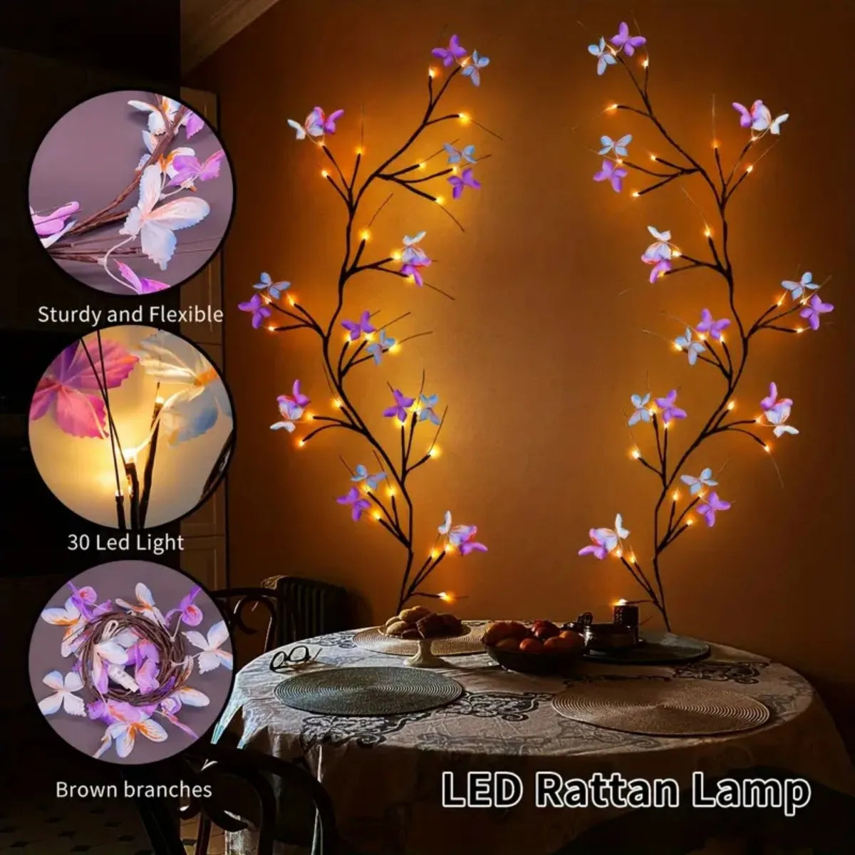 1pc 30LED Charming Willow Tree Lights with Butterfly USB Powered 8 Lighting Modes Indoor Outdoor Waterproof