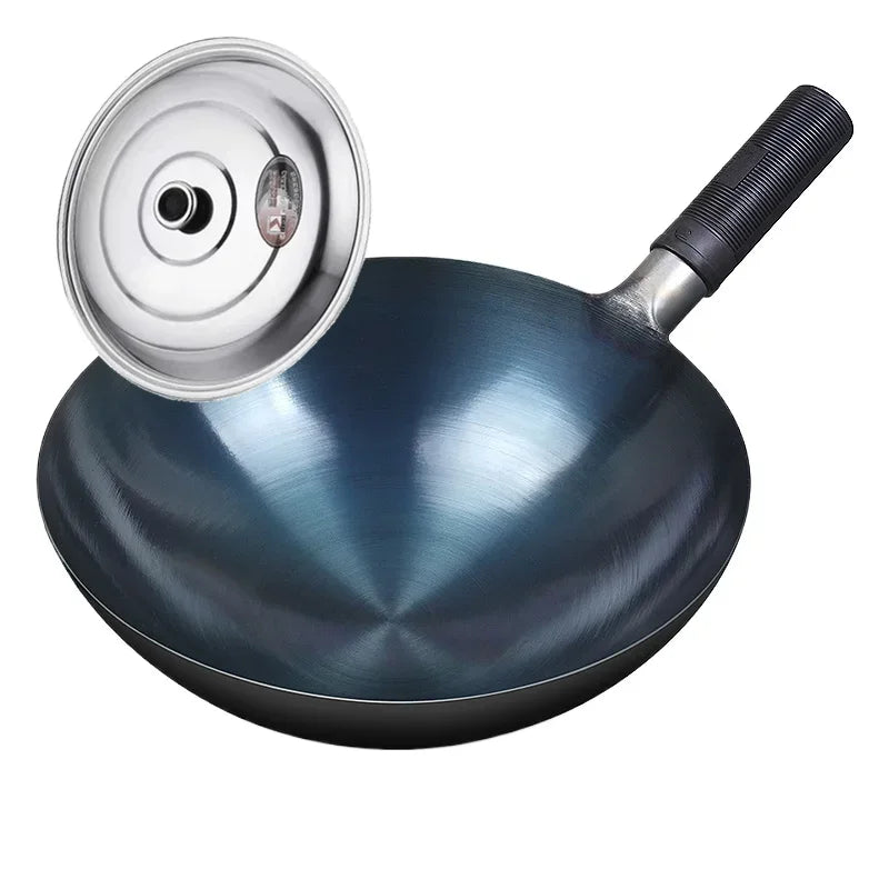 32/34cm Seasoning Blue Iron Wok Uncoated Nonstick Pot Lightweight Classic Chef Wok Outdoor Kitchen Cookware for Gas Stove